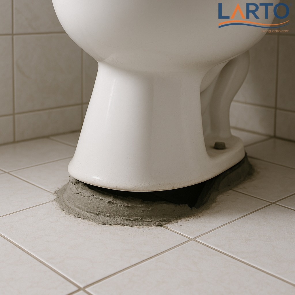 Do lớp gioăng ngăn mùi giữa chân bồn cầu bị thoái hóa hoặc lắp lệch